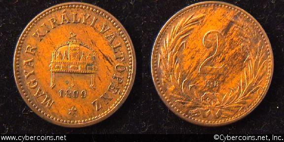 Hungary, 1899,  2 filler, XF, KM481