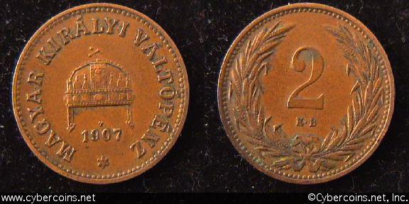 Hungary, 1907,  2 filler, XF, KM481
