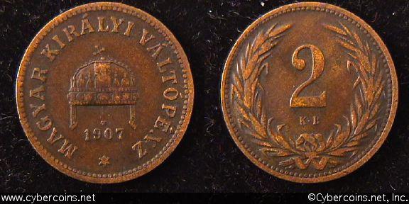 Hungary, 1907,  2 filler, VF, KM481