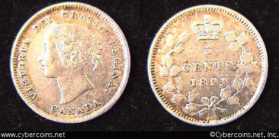 1891, Canada 5 cent, KM2, XF. Harsh cleaning.