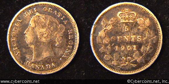 1901, Canada 5 cent, KM2, VF. Darker tone