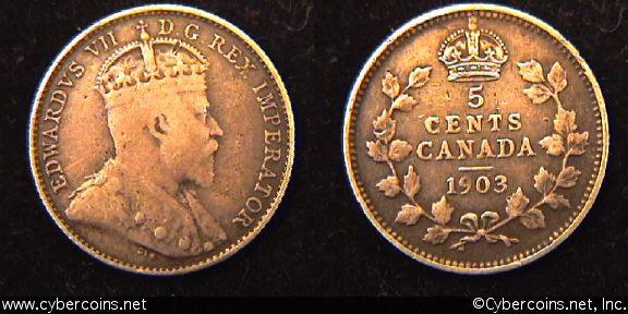 1903, Canada 5 cent, KM13, F. Medium tone,
