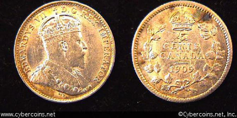 1909 rounded, Canada 5 cent, KM13, AU. Cleaned