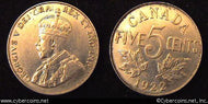1922, Canada 5 cent, KM29, XF/AU. Nice luster