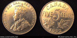 1922, Canada 5 cent, KM29, AU choice. Trace