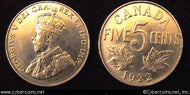 1922, Canada 5 cent, KM29, AU choice. Trace