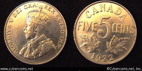 1922, Canada 5 cent, KM29, AU choice. Trace