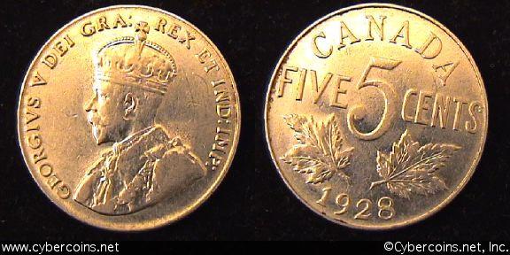 1928, Canada 5 cent, KM29, AU.