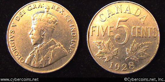 1928, Canada 5 cent, KM29, XF. Good details