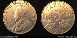 1934, Canada 5 cent, KM29, XF. Average