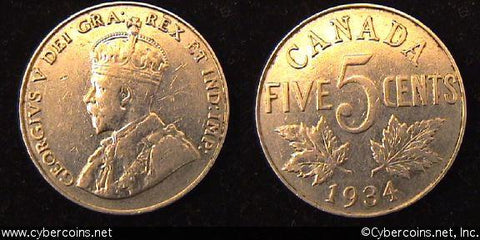 1934, Canada 5 cent, KM29, XF. Average