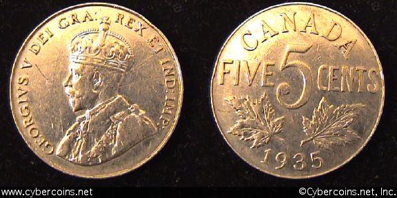 1935, Canada 5 cent, KM29, XF+. A couple thin