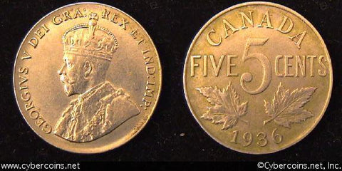 1936, Canada 5 cent, KM29, XF.