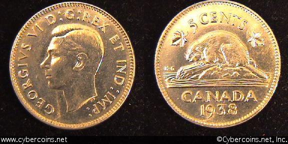 1938, Canada 5 cent, KM33, AUQ