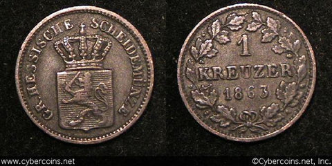 Hesse-Darmstadt, 1863, 1 Kreuzer, KM339, VF/XF