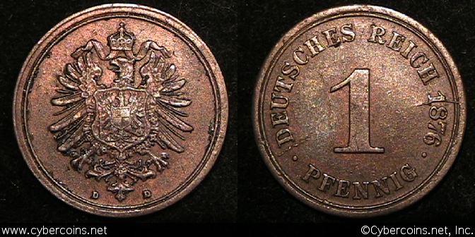 Germany, 1876D, 1 Pfennig, XF, KM1 - some