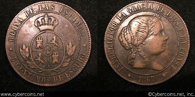 Spain, 1867,  5 centimos, VF, KM635.5