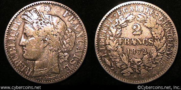 France, 1872K,  2 francs,VF, KM817.2