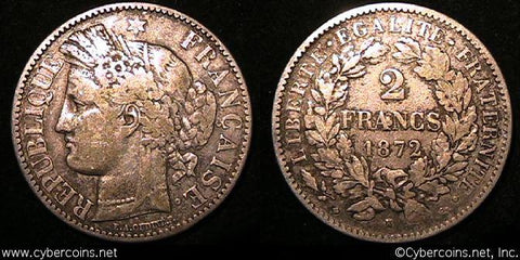 France, 1872K,  2 francs,VF, KM817.2
