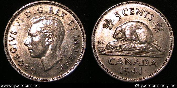1941, Canada 5 cent, KM33, AU