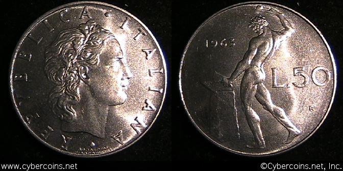 Italy, 1963,  50 lire, UNC KM95.1 -