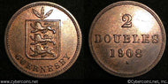 Guernsey, 1908, 2 Doubles, KM9, XF/AU