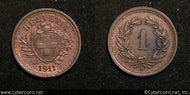 Switzerland, 1911B,  1 rappen, XF, KM3.2