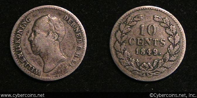 Netherlands, 1849dot, 10 cents, F, KM75