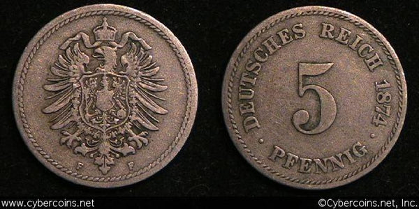 Germany, 1874F,  5 Pfennig, KM3, VF