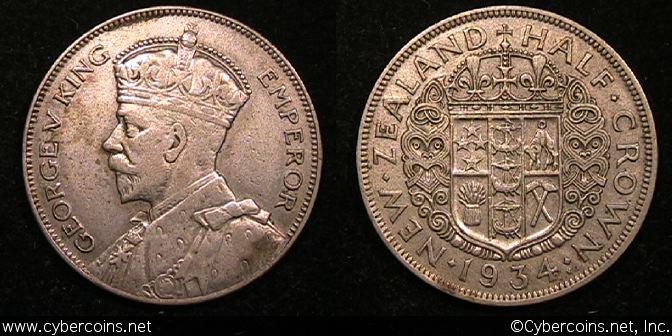 New Zealand, 1934, 1/2 crown, VF, KM5