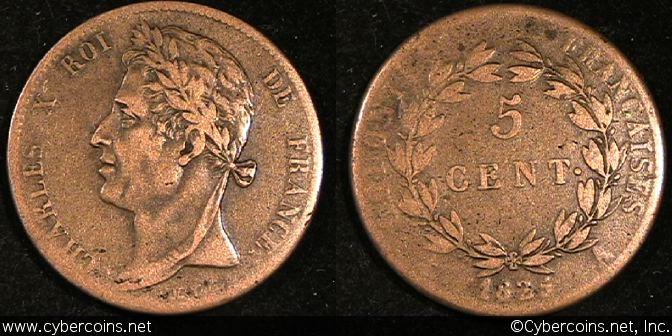 French Colonies, 1825,  5 Centimes, KM10.1