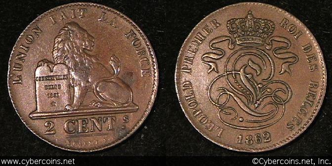 Belgium, 1862,  2 centimes, VF, KM4.2