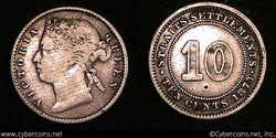 Straits Settlements, 1873, 10 cents, KM11, F