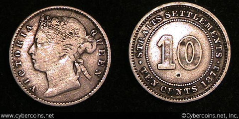 Straits Settlements, 1873, 10 cents, KM11, F