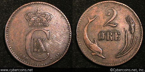 Denmark, 1880,  2 ore,  VF, KM793.1