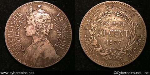 Martinique, 1897, 50 Centimes, KM40 - F/VF