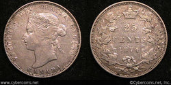 1874H, Canada 25 cent, KM5, VF.