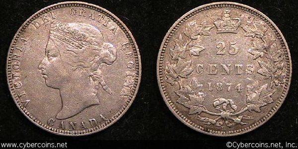 1874H, Canada 25 cent, KM5, VF.
