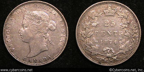 1874H, Canada 25 cent, KM5, VF.
