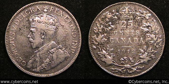 1912, Canada 25 cent, KM24, VF - toned