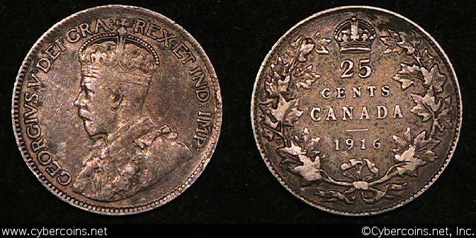 1916, Canada 25 cent, KM24, VF - some