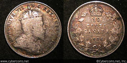1905, Canada 10 cent, KM10, F carbon spot.