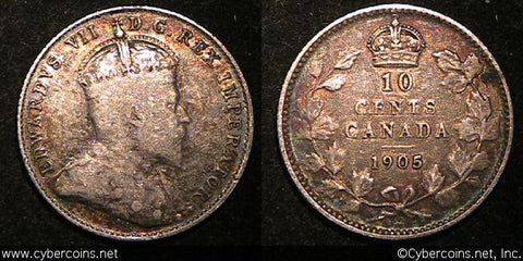 1905, Canada 10 cent, KM10, F carbon spot.