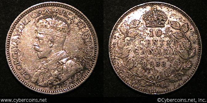 1933, Canada 10 cent, KM23a, XF -