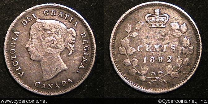 1892, Canada 5 cent, KM2, VF - with a porous
