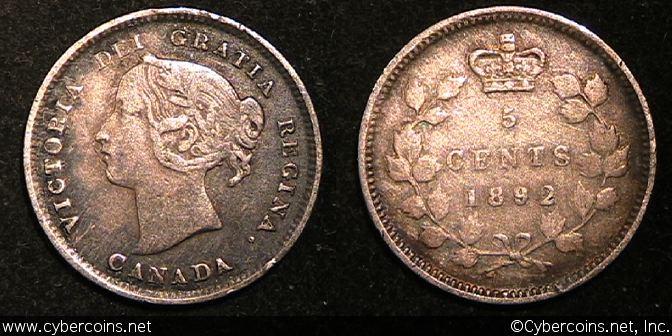1892, Canada 5 cent, KM2, VF - cleaned