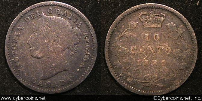 1880H, Canada 10 cent, KM3, VG - dark tone.