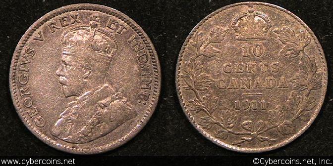 1911, Canada 10 cent, KM17, F/VF - toned.