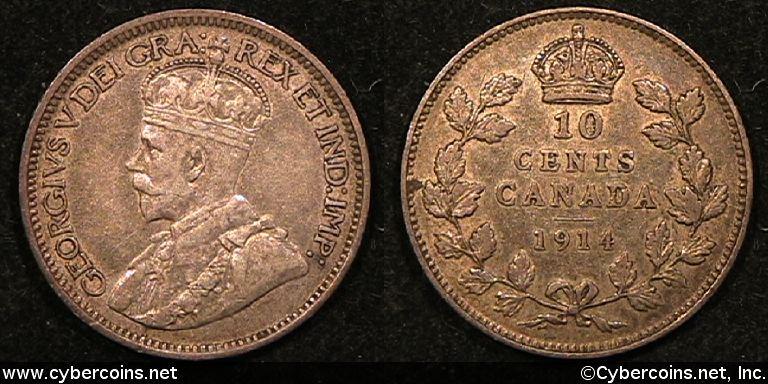 1914, Canada 10 cent, KM23, XF -