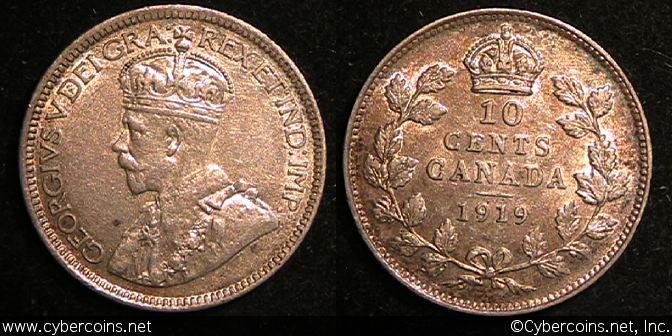 1919, Canada 10 cent, KM23, XF/AU. Bold